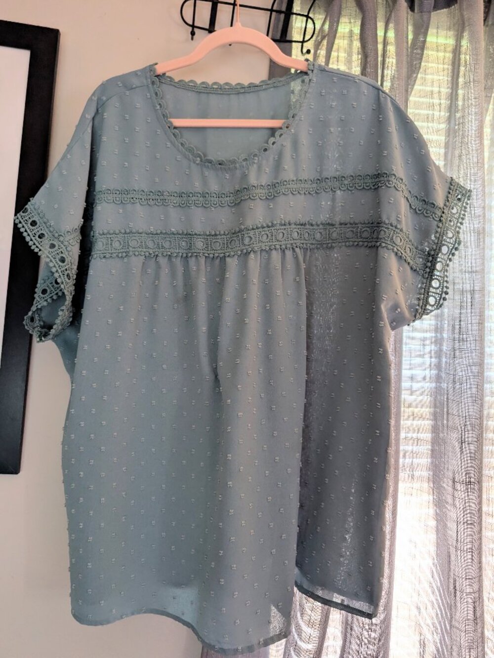 Dokotoo Light Blue Lace Button Back Crochet Short Sleeve Blouse Size 2X